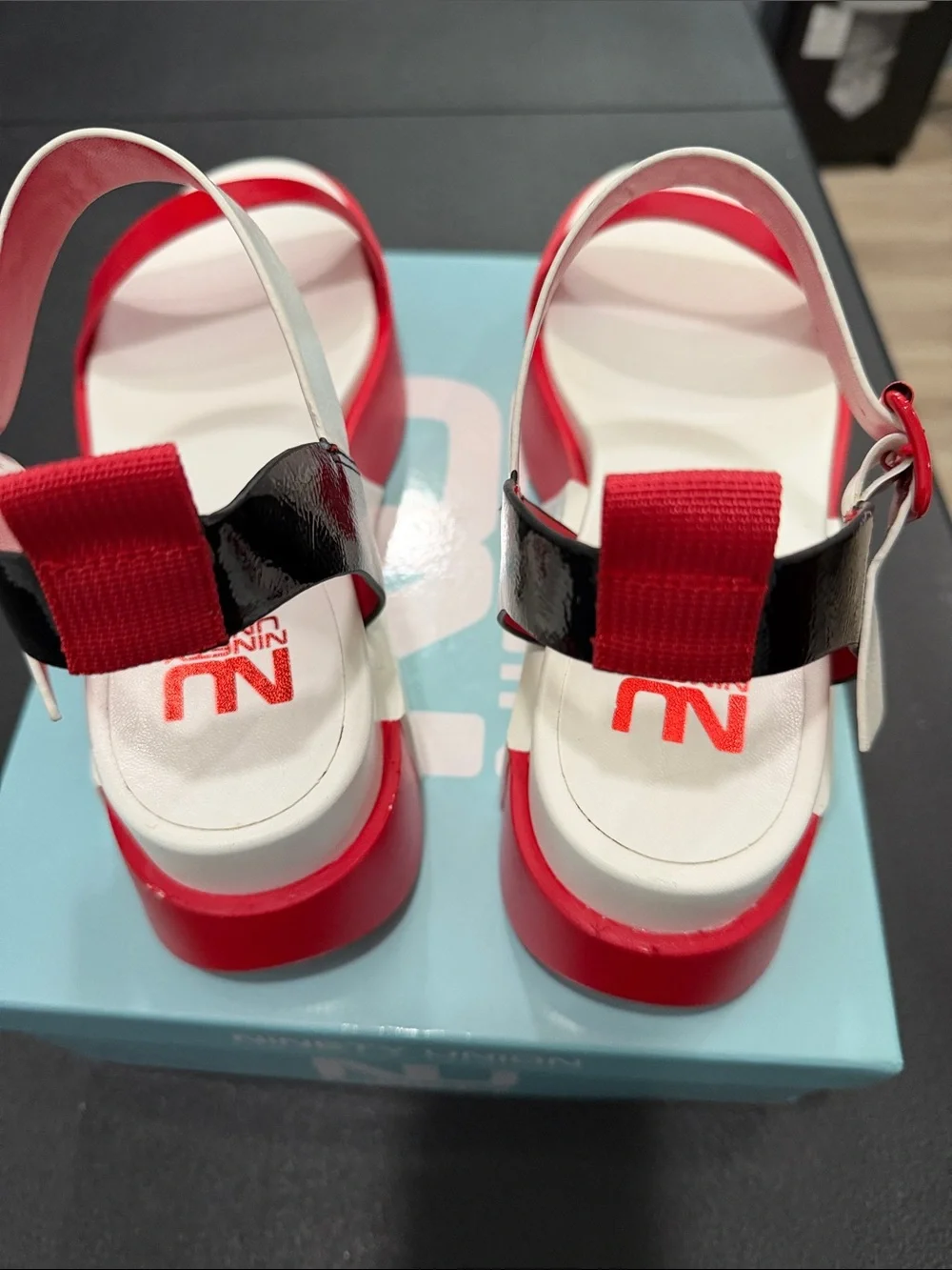 Red, white, and black Ninety Union NU wedge sandals women’s HTF size 13